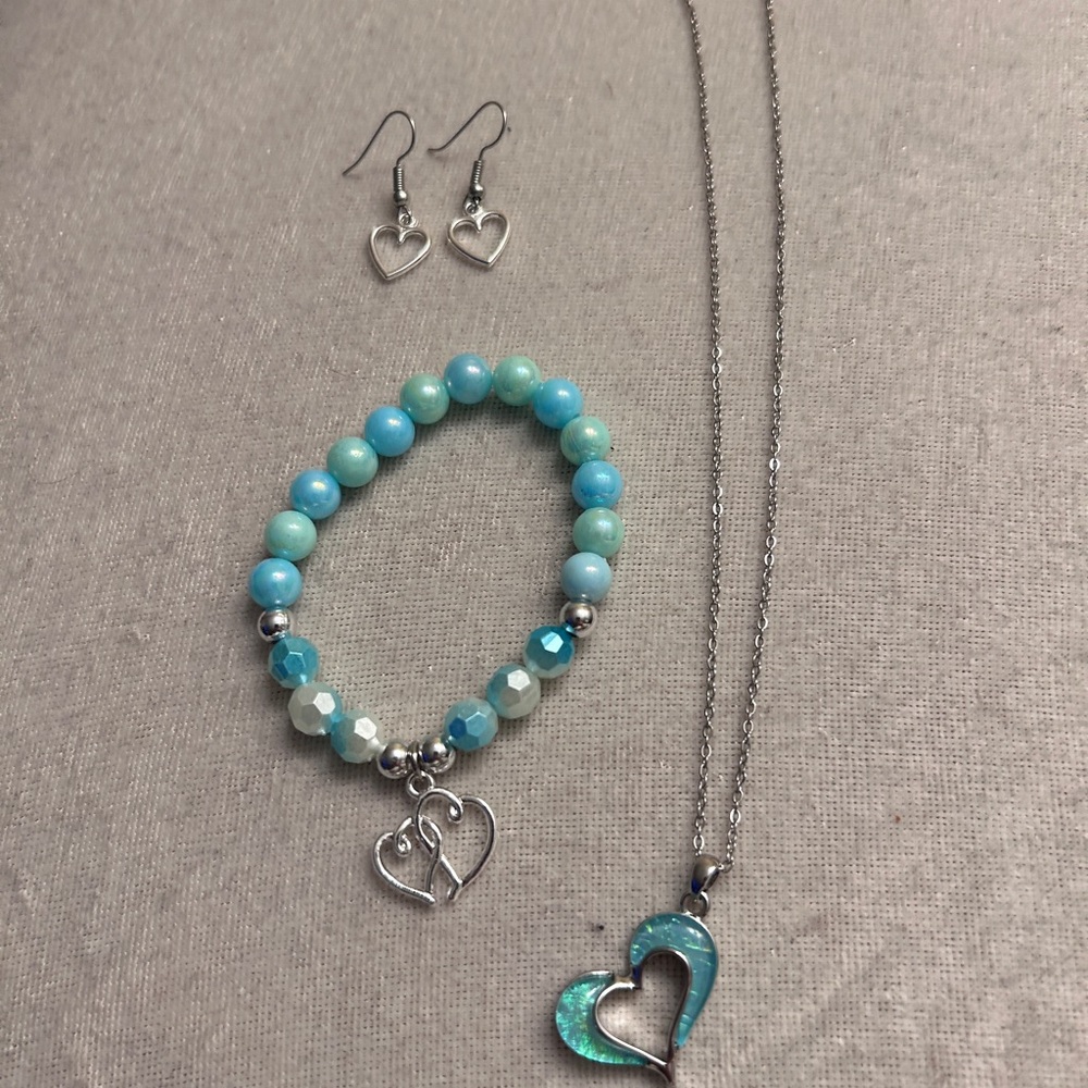 Girls Blue Heart Necklace, Bracelet Earring Set Blue and Silver 3pc set